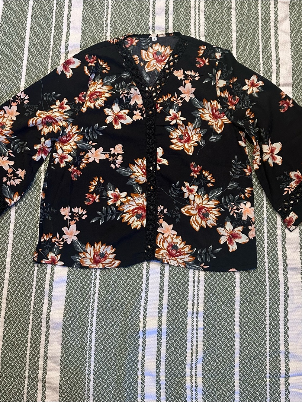 Womens Black Floral V-Neck Blouse - Pink & Gold Flowers